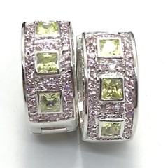 Vintage Silver tone Pink & Peridot Cubic Zirconia Hoop Pierced Earrings