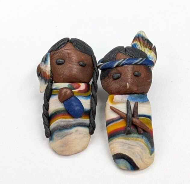 VTG Polymer Clay Native American Indigenous Boy & Girl Pierced Earrings Handmade