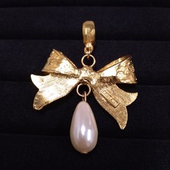 Dauplaise Gold Tone Bow Pendant with Faux Pearl Dangle (No Chain)