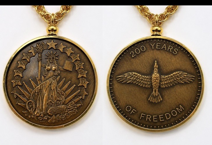 VTG 1976 USA Bicentennial Liberty Medallion Pendant Necklace 24” Gold Tone Chain