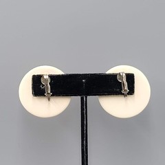 Vintage Hand Carved Clip on Earrings White Round Large Statement 1.25 in