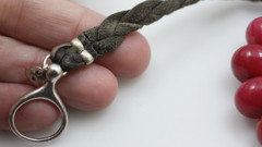 Vintage Fossil heavy red & purple stone glass leather beaded necklace 21″