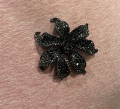 Vintage Antique Black Crystal Rhinestone Enameled Metal Flower Brooch Pin