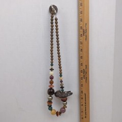 Handmade Resin Owl Beaded Necklace Earth Tone Artisan Statement Jewelry Boho