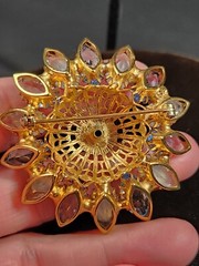 Vintage icy blue and givre navette gold tone filigree 3D flower brooch