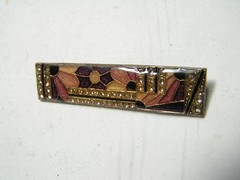 …Vtg/Antique Silver Tone, Enamel, Rhinestones Abstract Flowers Design Brooch..
