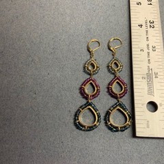 Long Teardrop Drop Earrings 3.5 In Gold Pink Blue Seed Beads Dangle Retro Glam