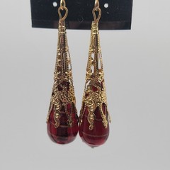 Vintage Red Glass Teardrop Earrings Gold Filigree Dangle Drop Victorian Style