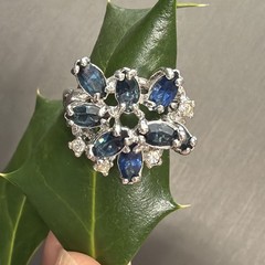 Vintage Spray Ring Estate Fine Jewelry Sz 7 18K White Gold Plated Blue Marquise