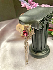 Estate 1950’s WB Simulated Amethyst Scottish Thistle Sterling Silver Brooch