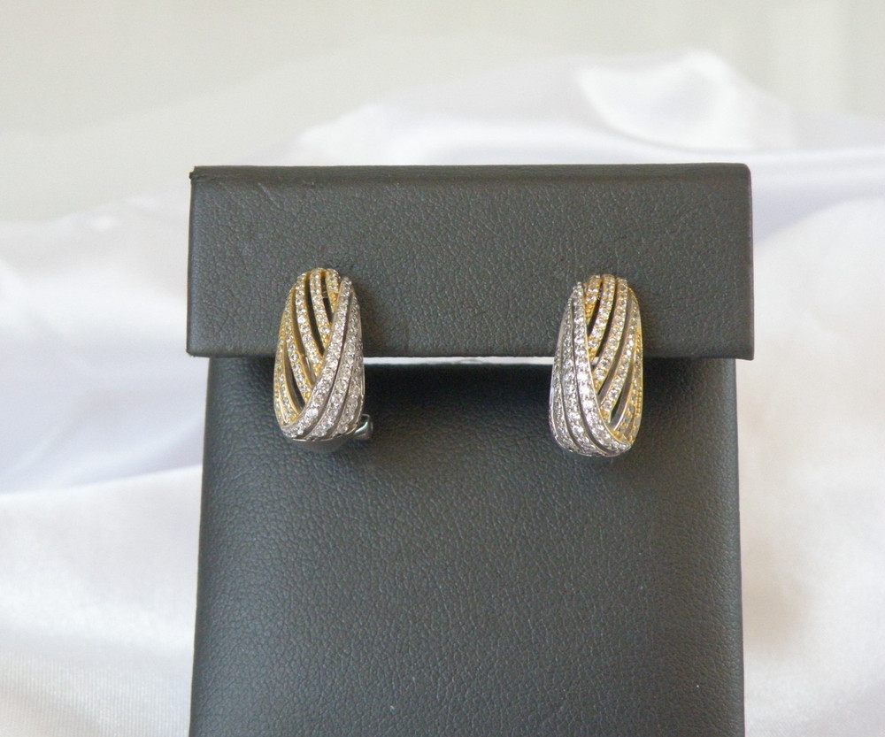 Vintage Sterling Silver 925 Gold Pave CZ Huggie Small Hoop Omega Earrings