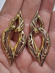 VTG segmented gold/silver-tone dangle drop earrings, teardrop, intricate cutout