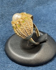 Vintage Cocktail Dome Ring Adjustable Pearls Green Rhinestones Gold Tone Size 7