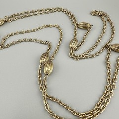 Vintage Flapper Chain Necklace Gold Tone Textured Cable Link Oval Station Bead