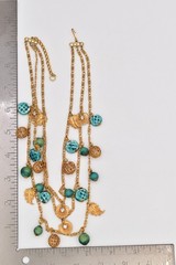 Vintage Beaded Multi-Strand Leaf Charm Necklace Collar Gold Turquoise 70s BinBN