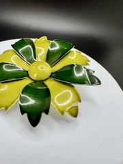 Vintage ‘60s Enameled Flower Pin Brooch Light/Dark Green 2.25” Diameter