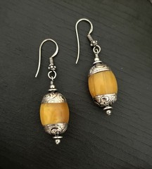 Amber Resin & Sterling Earrings Tribal Beads From Nepal Dangle Style 2” Vtg
