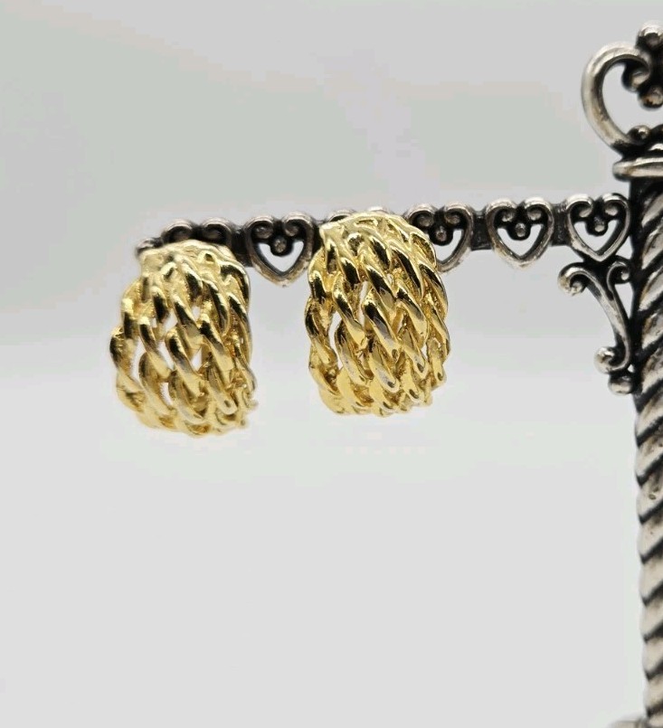 Weave Braid Hoop Earrings Clip On Gold Tone Couture Deco .75 in Vintage