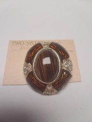 Vintage Two Sisters Medici Amber Tiger Eye Rhinestone Gold Tone Brooch Pin