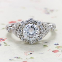 1.35CT White Round Cut Moissanite Art Deco Style Engagement 14K White Gold Ring