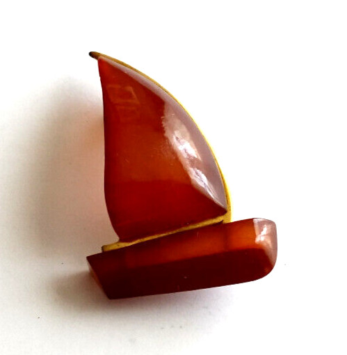 Vintage 1960s Soviet USSR Baltic Russian Cognac Amber Sail Boat Pin Signed 1.25″
