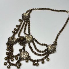 Vintage Brass Filigree Festoon Bib Necklace Victorian Revival Hollow Ball Drops