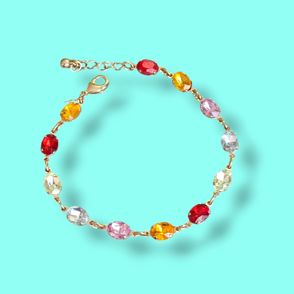 Vintage Avon NRT Foil Back Glass Gemstone Cup Chain Bracelet 8.5in Multi Color