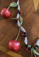 Vintg Cherry Dangle Necklace Red Lucite Early Plastic FruitSalad MCM 28” Kitschy