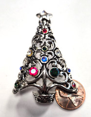 Estate Silver Tone & Rhinestone Christmas Tree Open Scroll Pendant Pin / Brooch