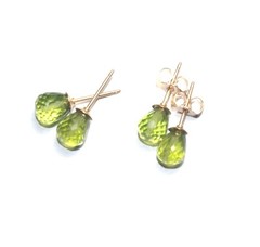 Natural 7MM Faceted Peridot Briolette Gemstone Diamond Cut Stud Earrings 14K GF