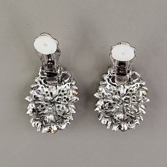 Vintage Rhinestone Clip On Earrings Blue Glass Oval Flower Silver Tone 1″