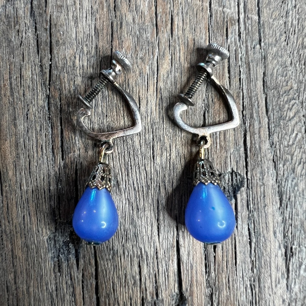 Vintage Blue Glass Teardrop Dangle Screw Back Earrings Art Deco Style