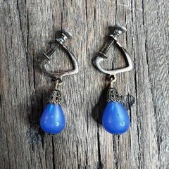 Vintage Blue Glass Teardrop Dangle Screw Back Earrings Art Deco Style