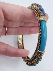 Vintage Metal, Plastic & Rhinestone Bangle Bracelet Blues & Greens