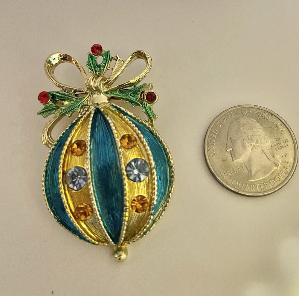 Vintage Turquoise Blue & Gold Enamel Rhinestone Stripe Christmas Ornament Brooch