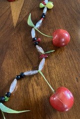 Vintg Cherry Dangle Necklace Red Lucite Early Plastic FruitSalad MCM 28” Kitschy