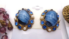 3 Vintage Ornate Filigree Porphyry Art Glass Cameo Waterfall Crystal Earring Lot