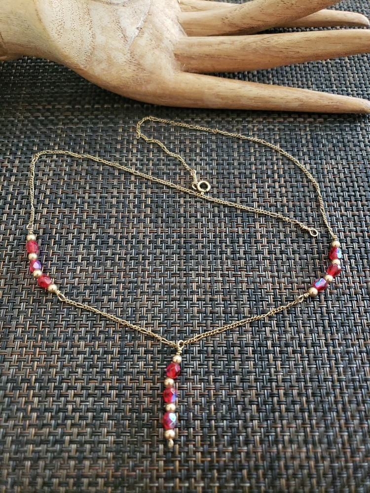 VINTAGE 1/20 14K GOLD FILLED RED CRYSTAL GLASS 17 IN NECKLACE