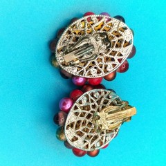 Vintage Japan Multi-Color Clip On Cluster Beaded Earrings Boho Chic