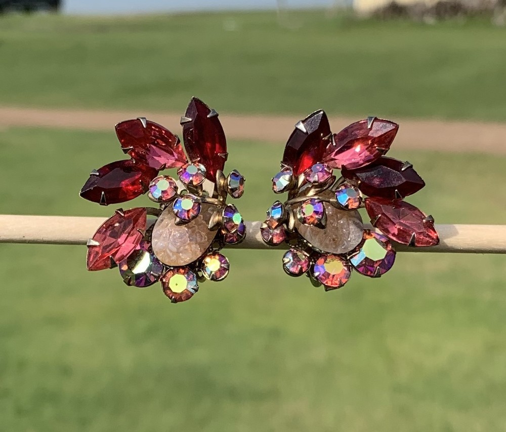 Vintage Pink Lava Glass Cabochon Red Pink and AB Rhinestone Clip On Earrings