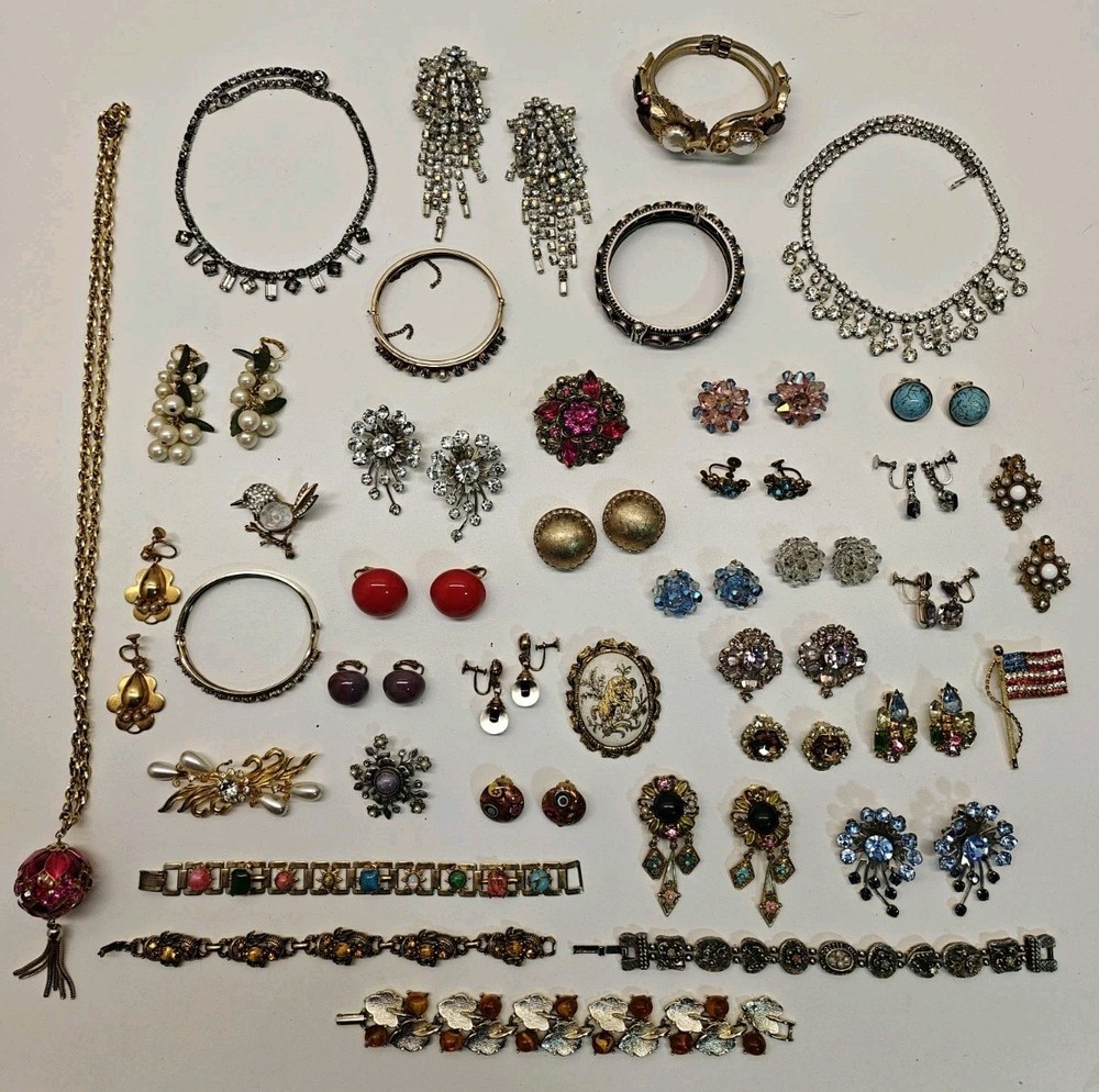 Vintage Rhinestone & Other Jewelry Lot Bracelets, Earring, Necklaces Etc.