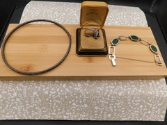 ART Deco jewelry lot Rare Sterling channel Dog Collar necklace carved jade -ring