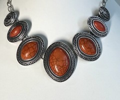 Orange Faux Howlite silver tone charm necklace 20”
