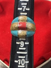 Vintage Unisex Adult Silver-Tone Taupe Red Blue Ring Size 8 (FC118-1 Q6246