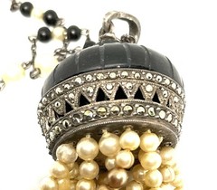 Vintage Art Deco Flapper Faux Pearl Marcacite Tassel 32” Sterling Necklace