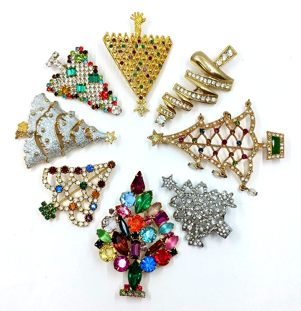 Vintage to Modern Rhinestone CHRISTMAS TREE Pin Brooch Lot of 8