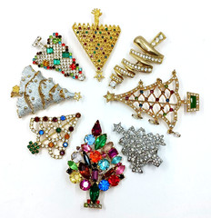 Vintage to Modern Rhinestone CHRISTMAS TREE Pin Brooch Lot of 8