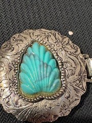 Vintage Southwestern Style Bracelet Silver Tone Metal with Carved Turquoise-Colo