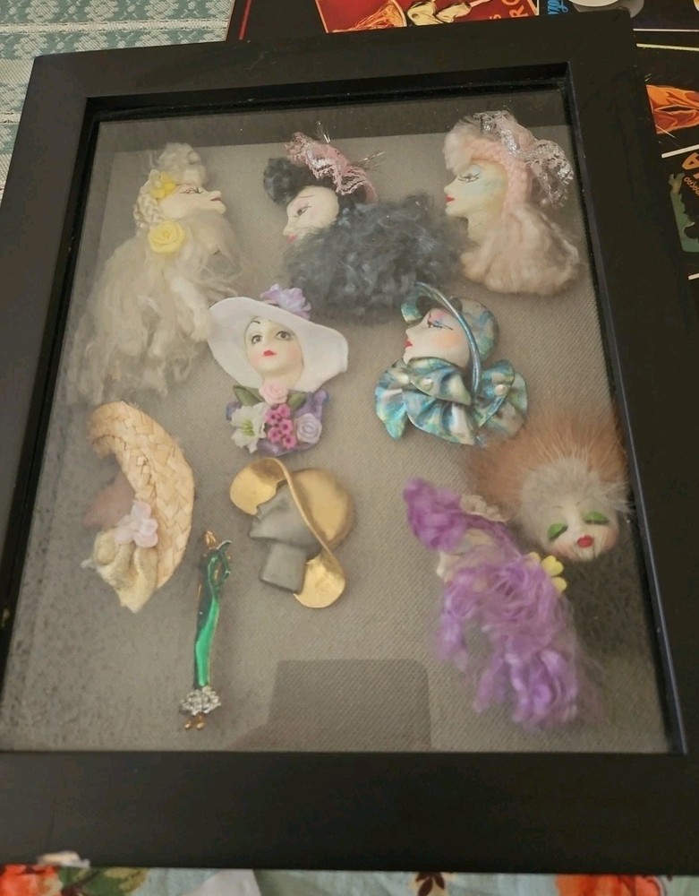 VTG LOT Of 10 LADIES Face & Body PINS/Brooches Framed In Shadow Box 11.75″x 9.5