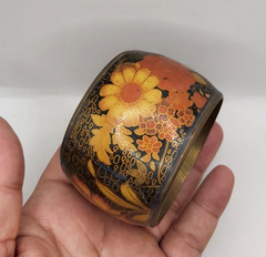 Vintage Wide Brass Floral Bangle Black Lacquer Enamel Statement Cuff Asian Style